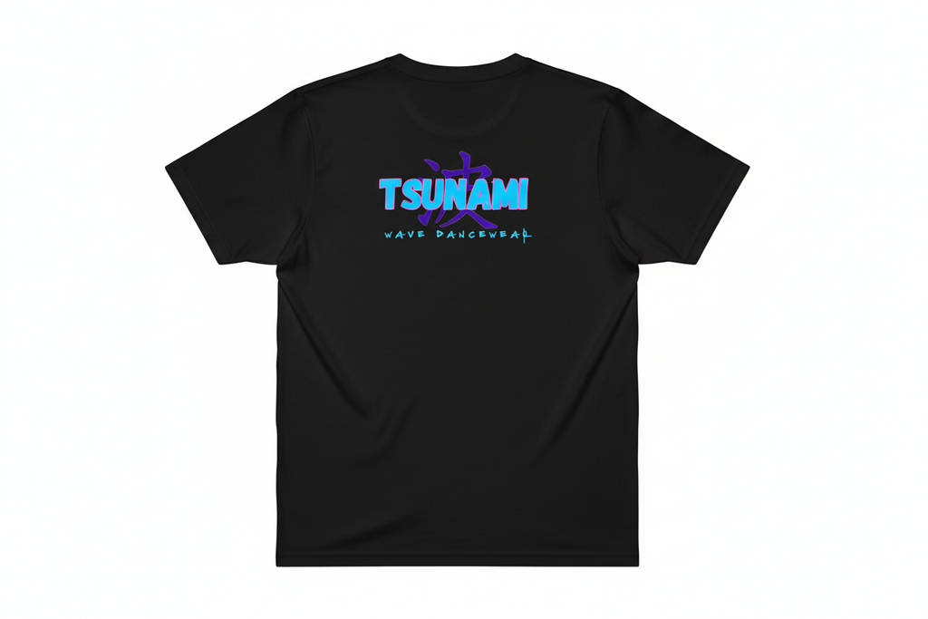 Back view of black men's t-shirt with Tsunami design