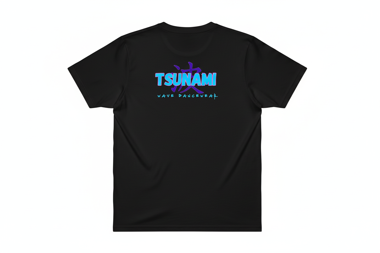Back view of black men's t-shirt with Tsunami design
