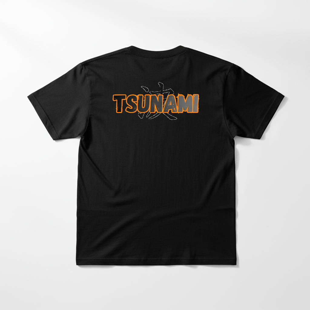 Black t-shirt back mockup with Tsunami logo