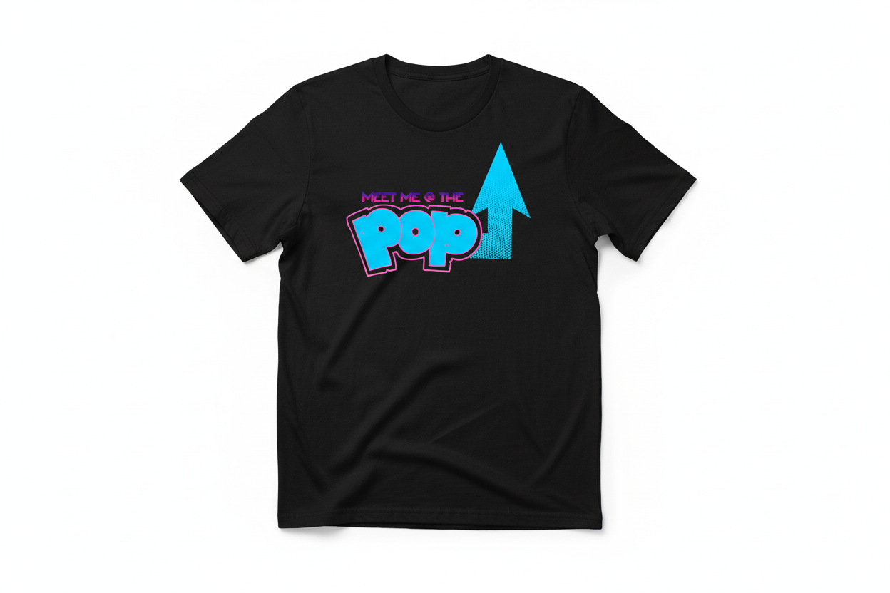 Flat lay t-shirt mockup with Meet Me @ The POP! design