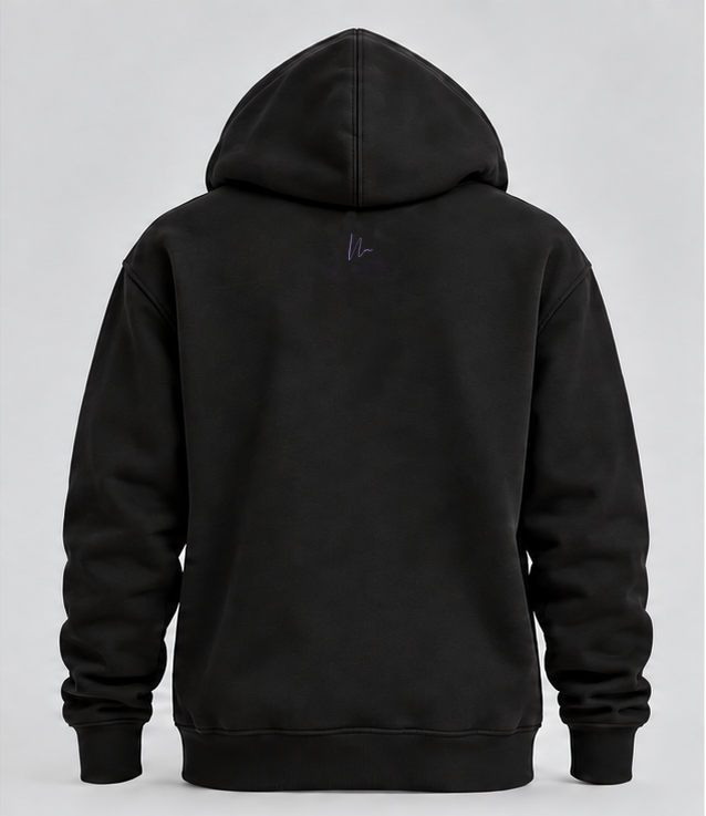 Always Moving black hoodie back with exact lavender Double N cuff and back-neck artwork; hoodie-only image.