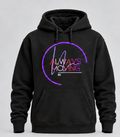 Always Moving black hoodie front with exact lavender Double N cuff and back-neck artwork; hoodie-only image.