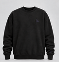 Black Double N Comfort Crewneck, exact lavender logo at left chest and small sleeve cuff logo.
