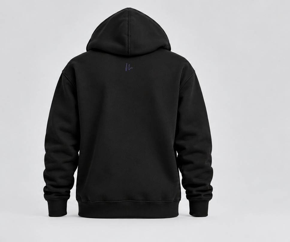Black premium Double N hoodie back with original lavender artwork; small chest, cuff and exterior back-neck placements.
