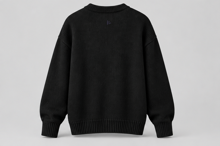 black knit pullover back concept; plain chest, discreet Double N cuff and back neckline.