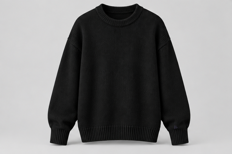 black knit pullover front concept; plain chest, discreet Double N cuff and back neckline.