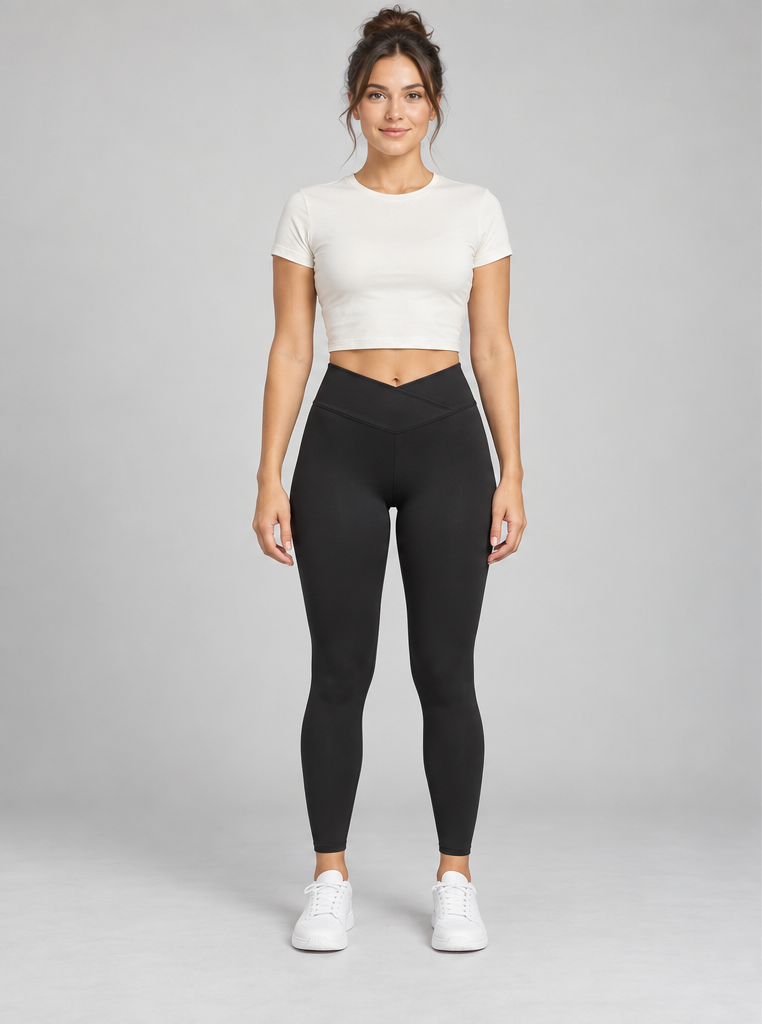 Model styling mockup: black Noelle Namiko Luxe Crossover Leggings, front view.