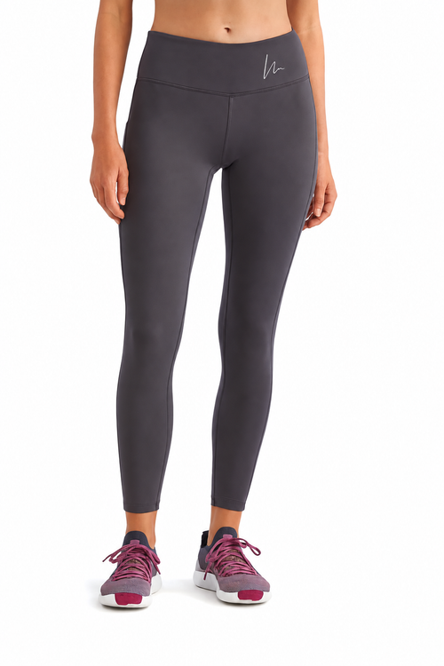 Grey Double N leggings with corrected small white Noelle Namiko signature monogram.