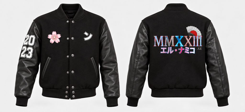 Front and back product views of the black Noelle Namiko JLE Letterman Jacket, showing chest patches, 2023 sleeve, and MMXXIII back artwork