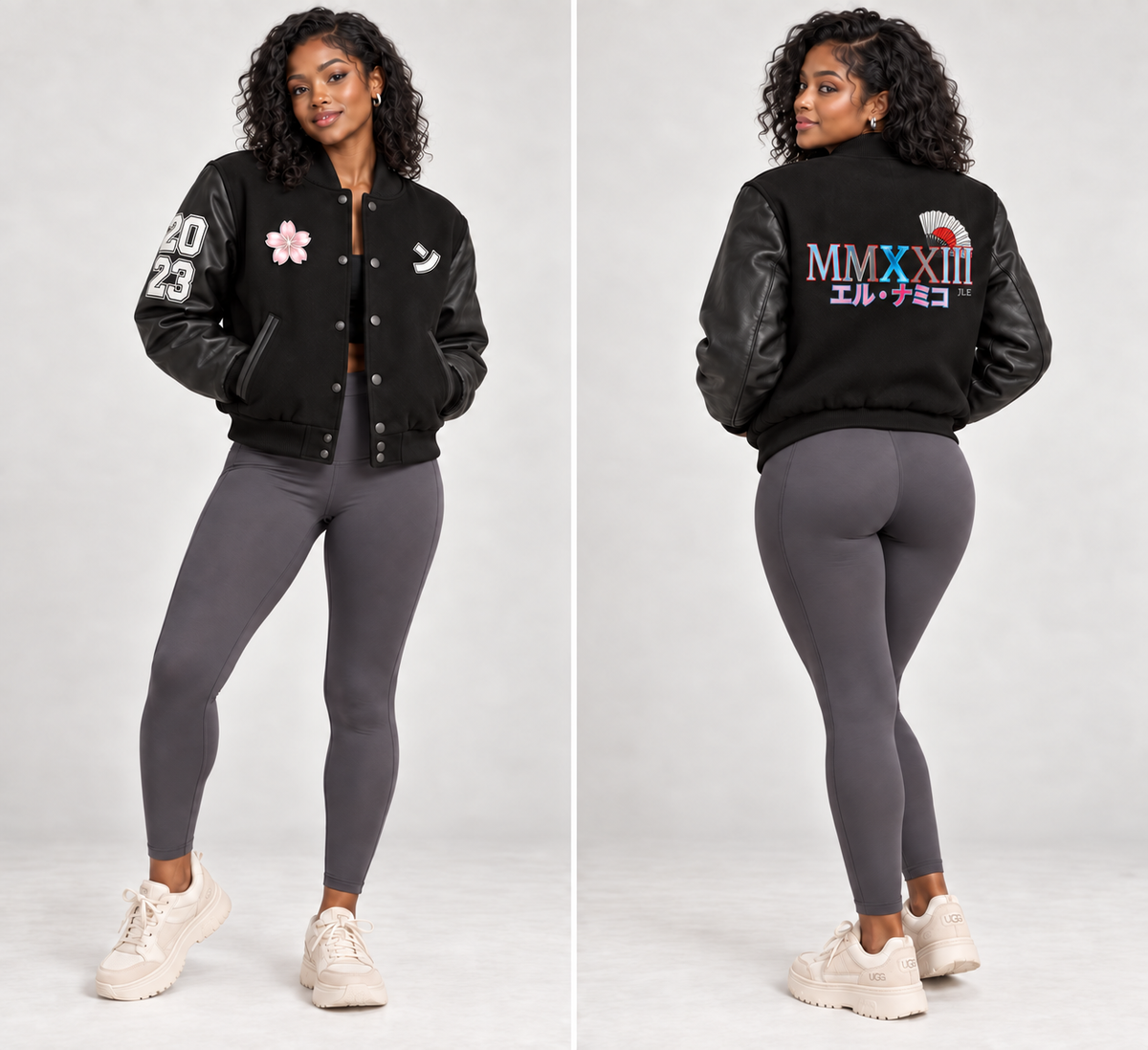 Noelle Namiko JLE Letterman Jacket, front and back model views. Grey leggings sold separately; UGG sneakers shown for styling only.