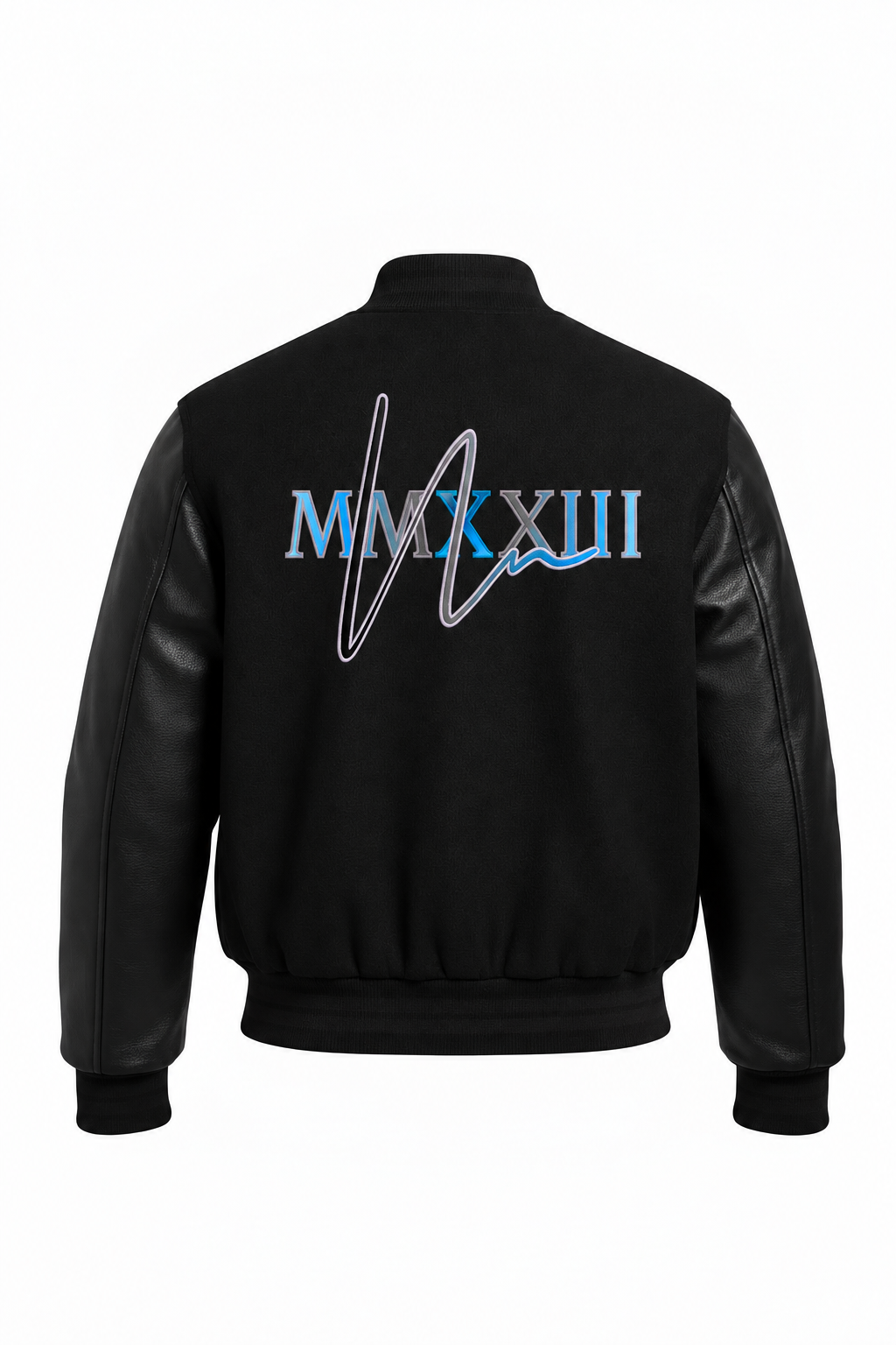 Clean back view of the black Noelle Namiko letterman jacket with Double N MMXXIII patch, without measurement labels.