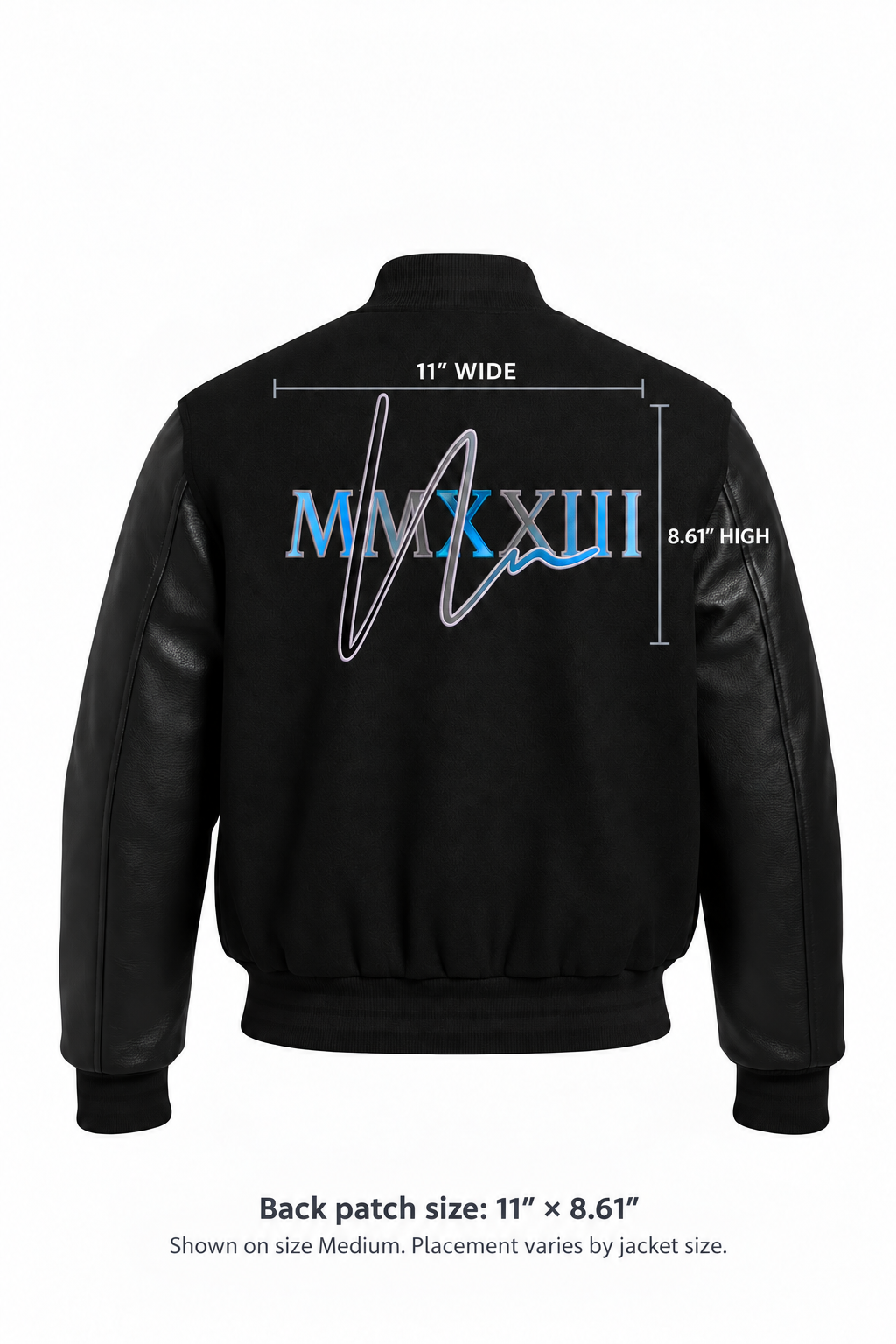 Noelle Namiko letterman jacket back with Double N MMXXIII patch measuring 11 inches wide by 8.61 inches high; Medium reference mockup.