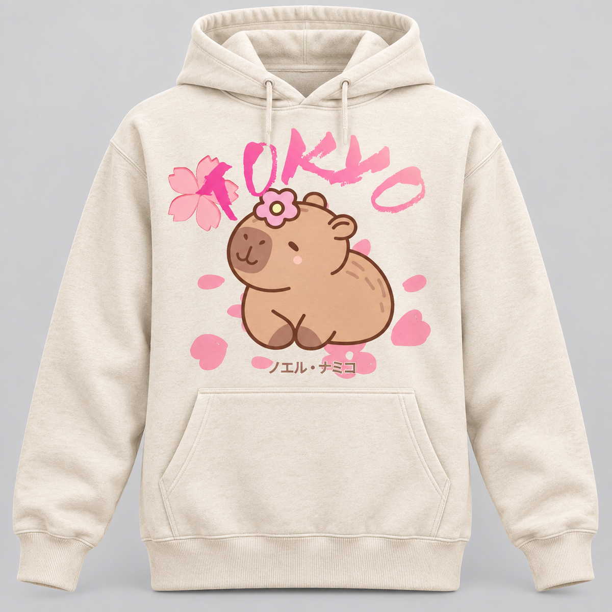 Front view — cream Tokyo Exclusive hoodie with Tokyo capybara and blossom artwork