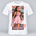 White Pink Spotlight anime tee with complete record-shop composition, musical notes, ballet shoes, hearts and Japanese lettering