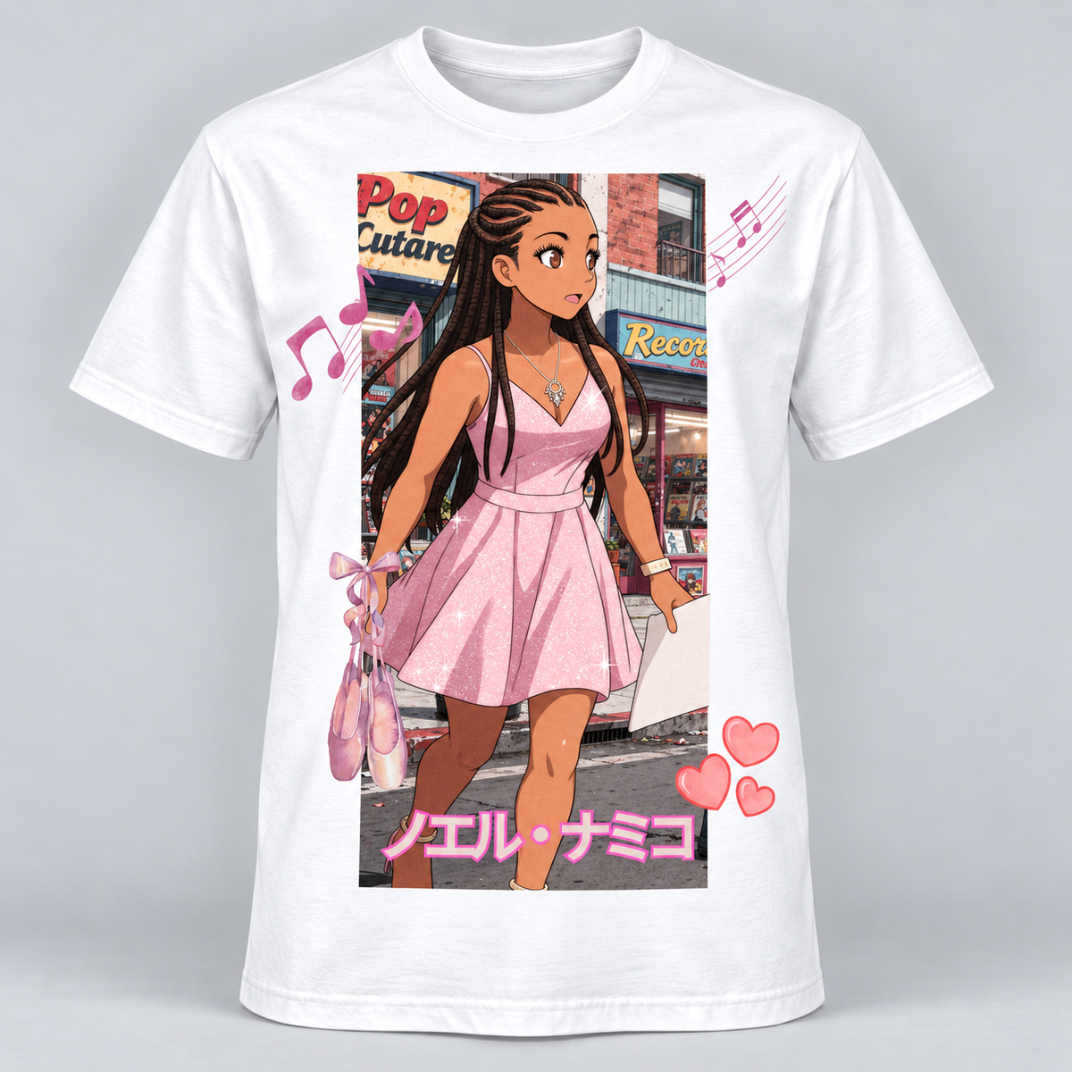 White Pink Spotlight anime tee with complete record-shop composition, musical notes, ballet shoes, hearts and Japanese lettering
