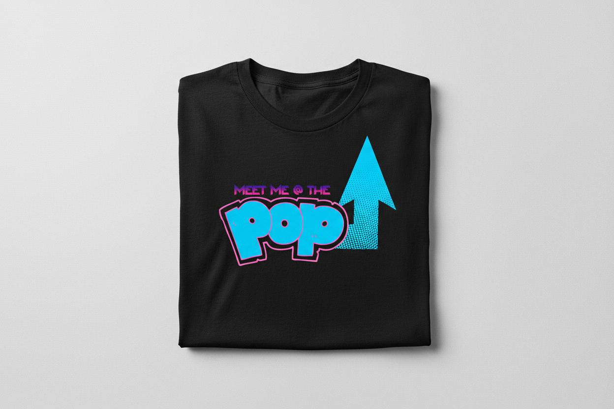 T-shirt mockup with Meet Me @ The POP! design