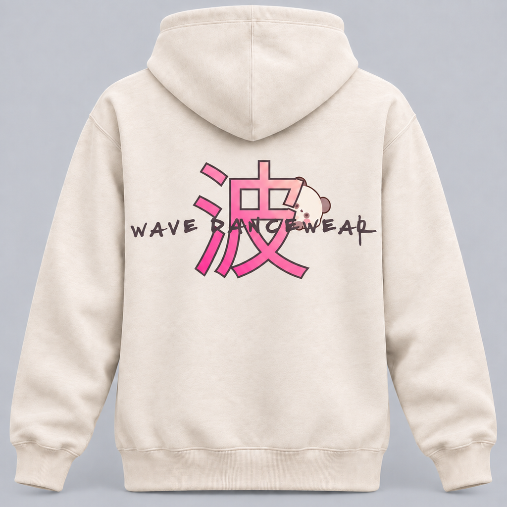 Back view — larger Wave Dancewear print centered inside hoodie back seams