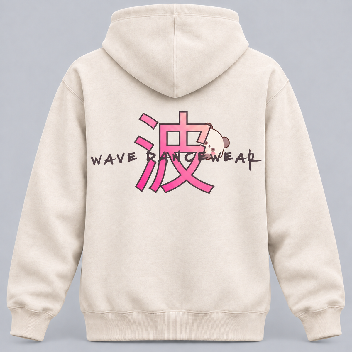 Back view — larger Wave Dancewear print centered inside hoodie back seams