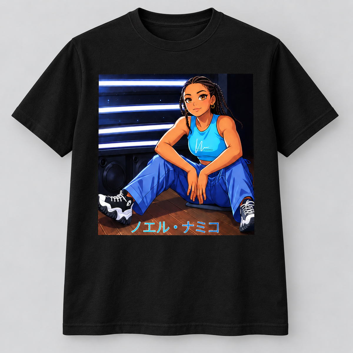 Front view of black Tsunami Blue Beat anime T-shirt