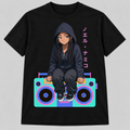 Black Boom Box anime tee with complete artwork and Japanese lettering on the right