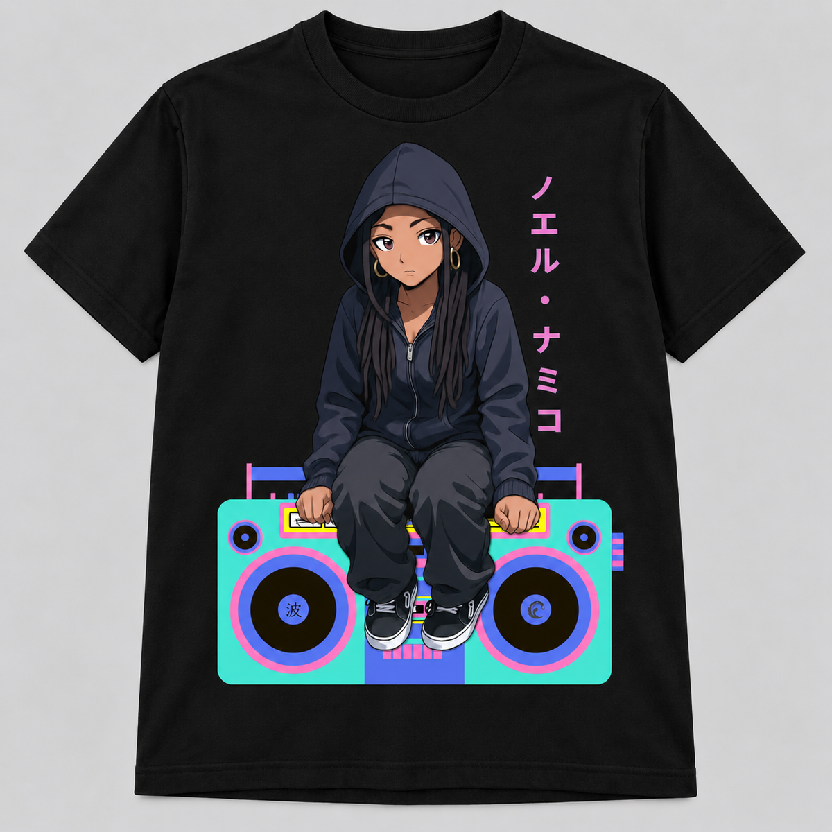 Black Boom Box anime tee with complete artwork and Japanese lettering on the right