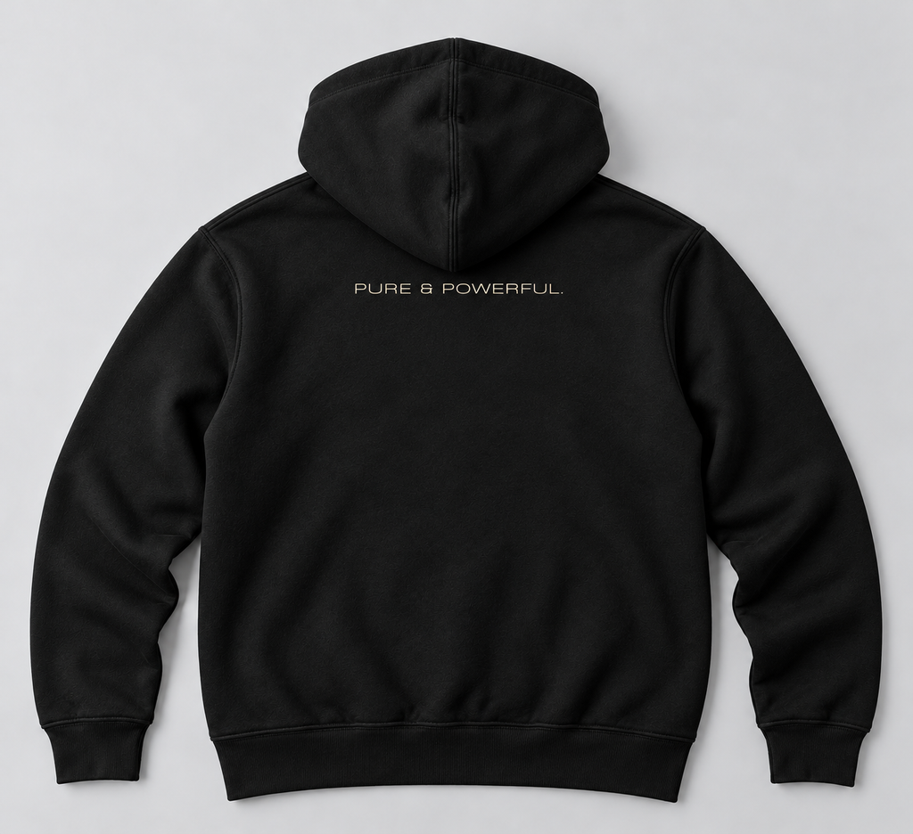Tsunami hoodie back, cream PURE & POWERFUL lettering directly below the hood