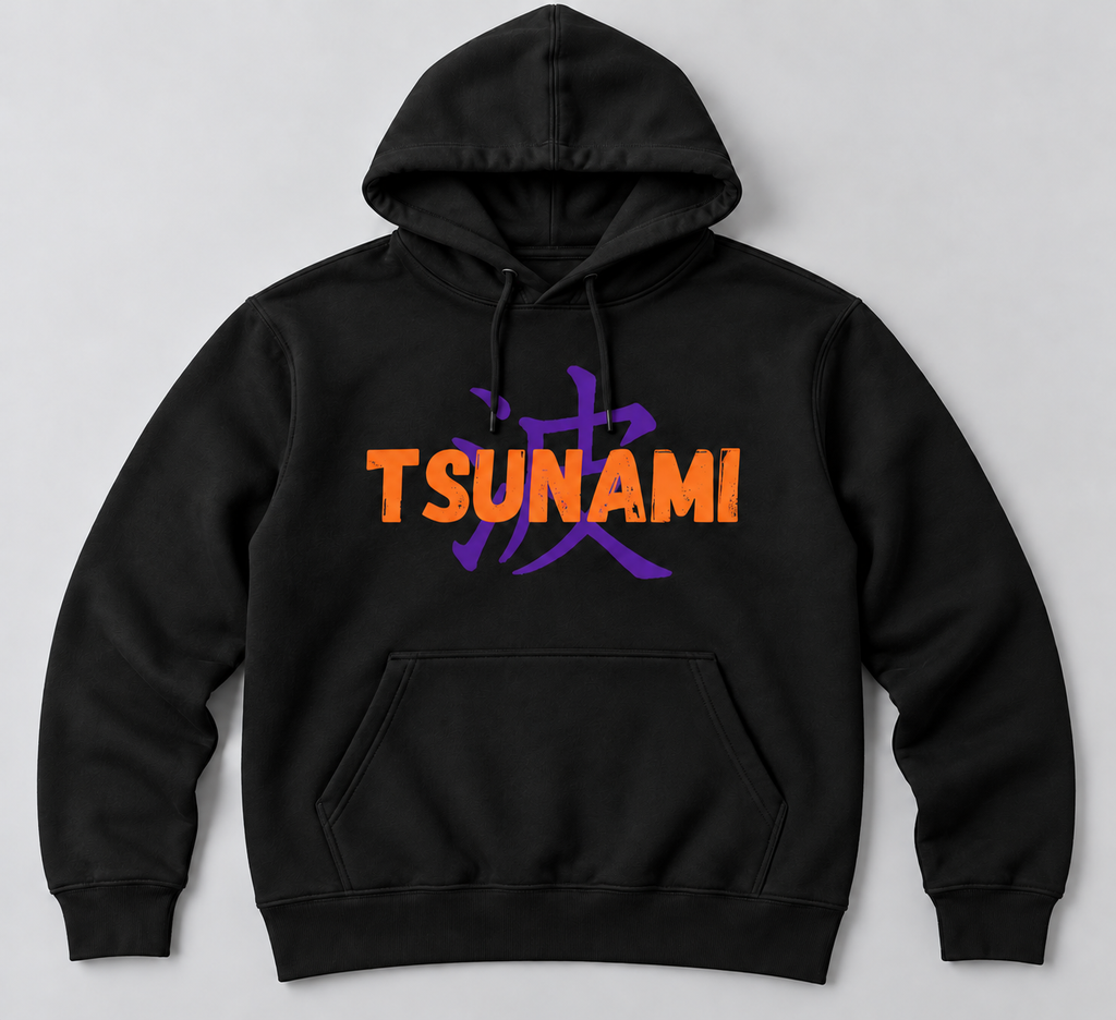 Tsunami hoodie front, orange and purple logo only