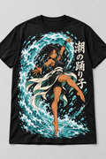 Minami Tide Dancer black anime tee with sea-green wave and vertical Japanese lettering