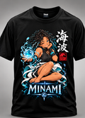 Minami Water Orb black T-shirt mockup, artwork scaled down 20%