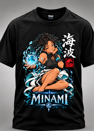Minami Water Orb black T-shirt mockup, artwork scaled down 20%