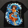 Solivagant black anime tee, back print with water-channeling dancer and cream Japanese lettering