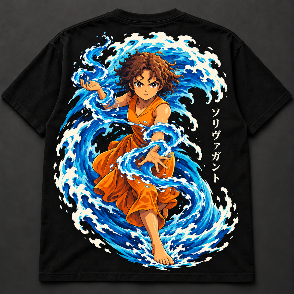 Solivagant black anime tee, back print with water-channeling dancer and cream Japanese lettering