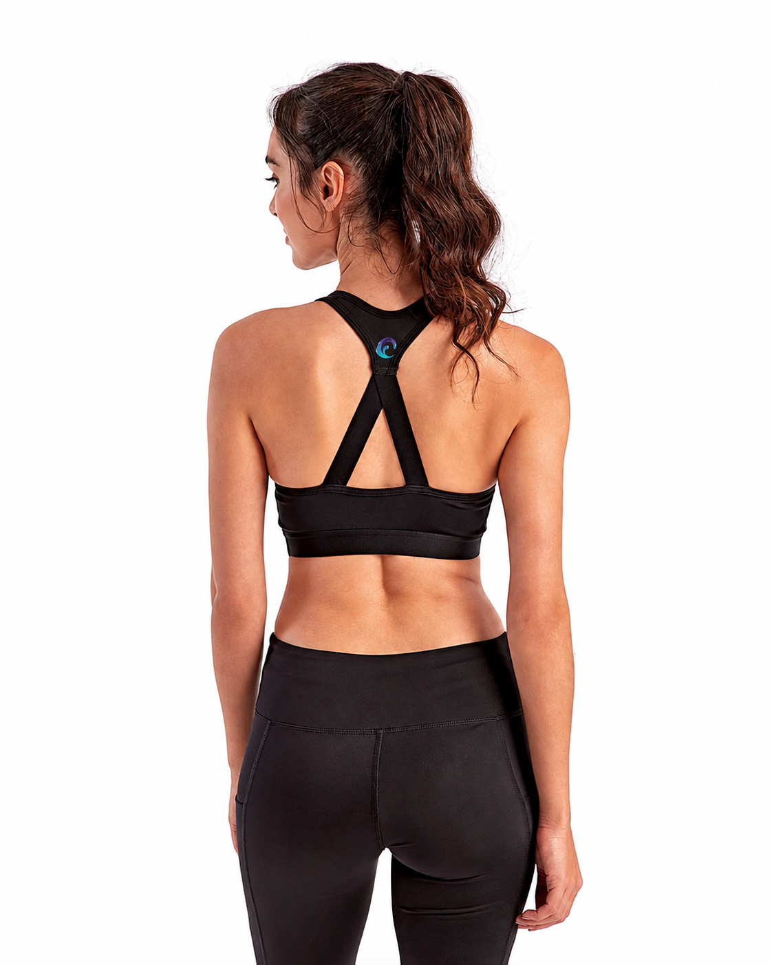 Black TriDri TD920 sports bra with nickel-sized original-color Wave logo on upper back strap — decoration mockup